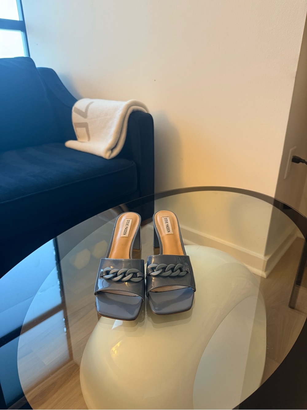 Steve Madden Slate Blue Chain-Detail Slide Mules